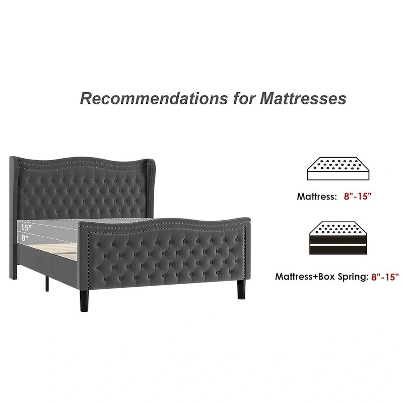 King Size Modern Velvet Platform Bed with Upholstered Headboard