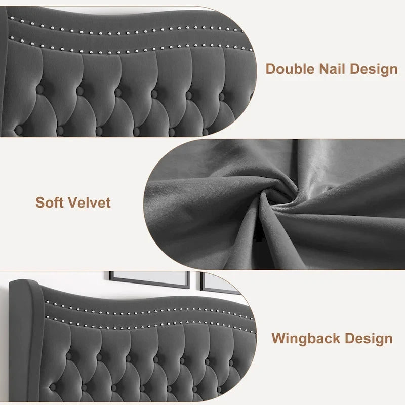 King Size Modern Velvet Platform Bed with Upholstered Headboard