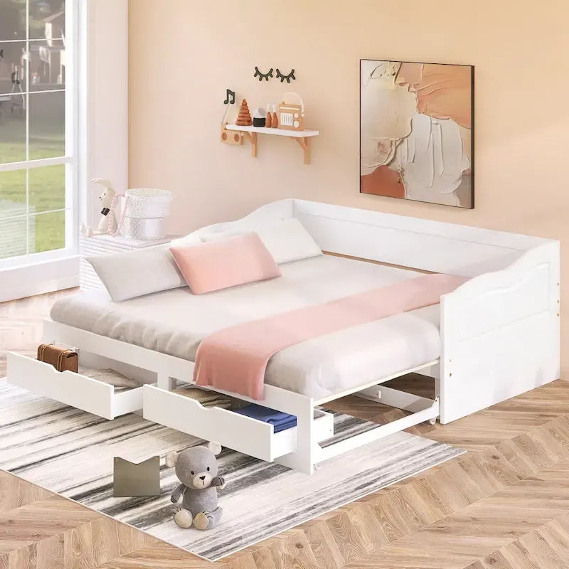 White Twin Pine Wood Extendable Daybed with 2 Storage Drawers