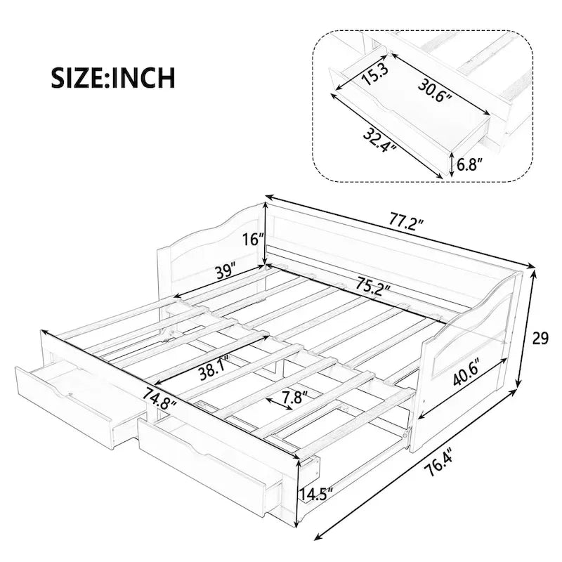 White Twin Pine Wood Extendable Daybed with 2 Storage Drawers