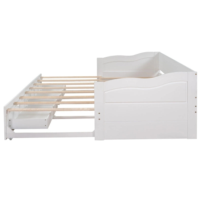 White Twin Pine Wood Extendable Daybed with 2 Storage Drawers