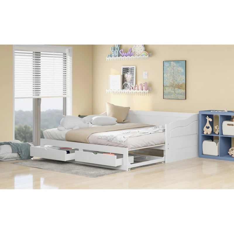 White Twin Pine Wood Extendable Daybed with 2 Storage Drawers