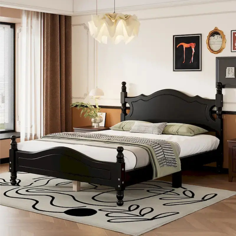 Retro Style Pine Wood Platform Bed Frame with Headboard and Footboard, Wooden Slat Support