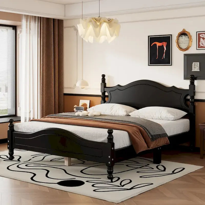 Retro Style Pine Wood Platform Bed Frame with Headboard and Footboard, Wooden Slat Support