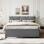 Linen Upholstered Platform Bed Frame with Trundle and Brick Pattern Headboard