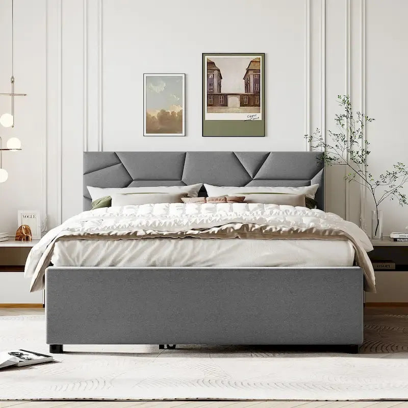 Linen Upholstered Platform Bed Frame with Trundle and Brick Pattern Headboard