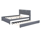 Linen Upholstered Platform Bed Frame with Trundle and Brick Pattern Headboard