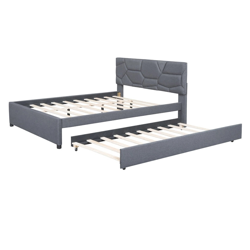 Linen Upholstered Platform Bed Frame with Trundle and Brick Pattern Headboard