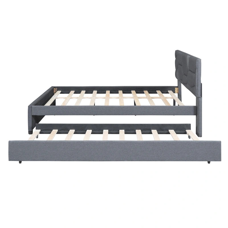Linen Upholstered Platform Bed Frame with Trundle and Brick Pattern Headboard