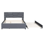 Linen Upholstered Platform Bed Frame with Trundle and Brick Pattern Headboard