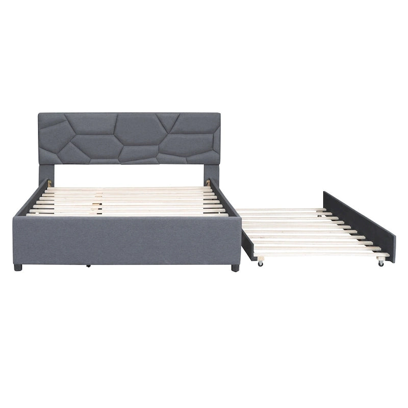 Linen Upholstered Platform Bed Frame with Trundle and Brick Pattern Headboard