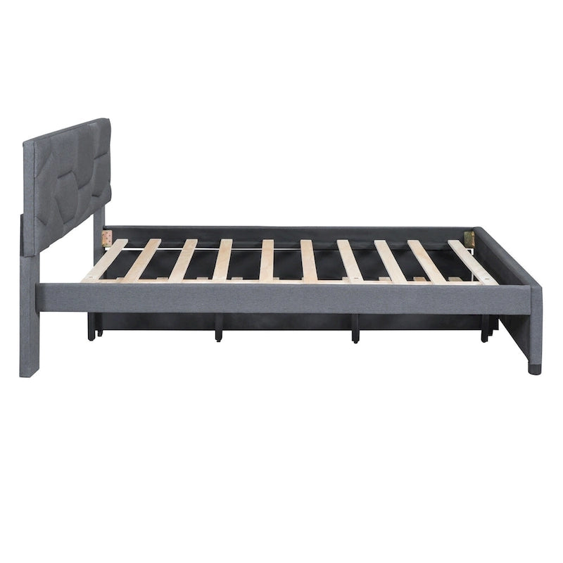Linen Upholstered Platform Bed Frame with Trundle and Brick Pattern Headboard