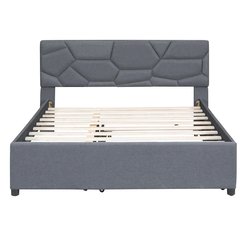 Linen Upholstered Platform Bed Frame with Trundle and Brick Pattern Headboard