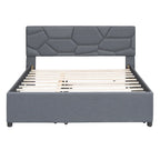 Linen Upholstered Platform Bed Frame with Trundle and Brick Pattern Headboard