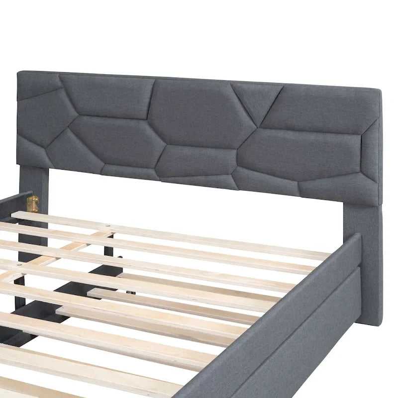 Linen Upholstered Platform Bed Frame with Trundle and Brick Pattern Headboard