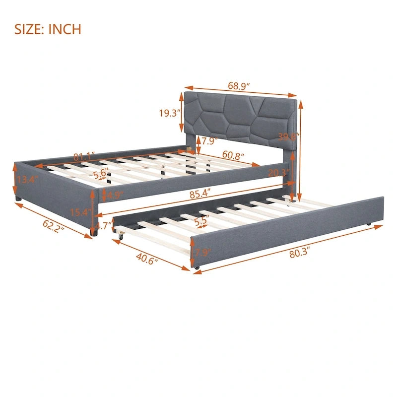 Linen Upholstered Platform Bed Frame with Trundle and Brick Pattern Headboard