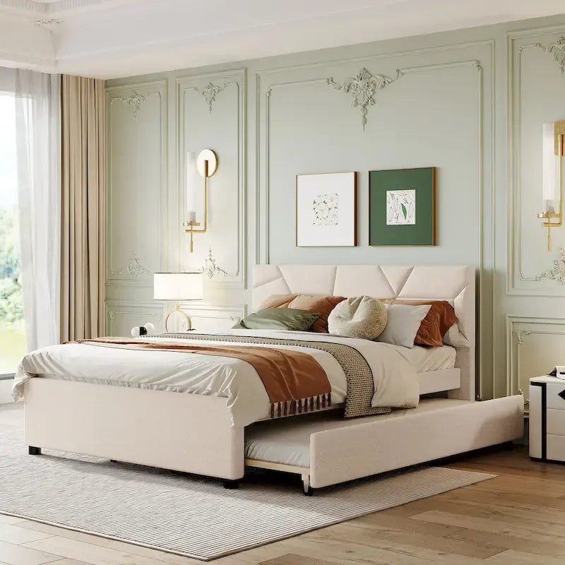 Linen Upholstered Platform Bed Frame with Trundle and Brick Pattern Headboard