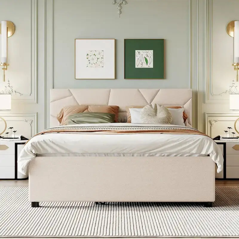 Linen Upholstered Platform Bed Frame with Trundle and Brick Pattern Headboard