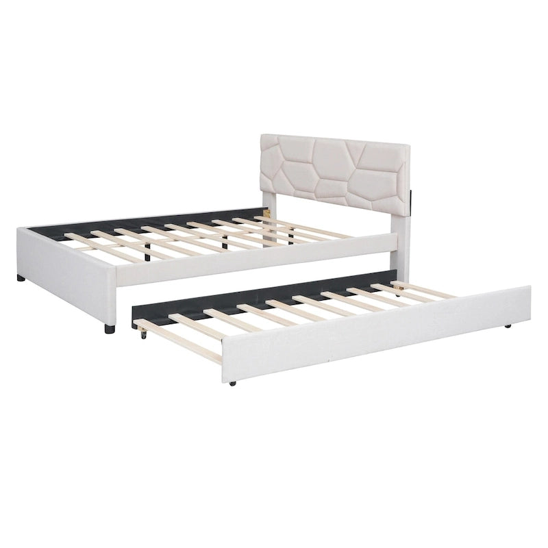 Linen Upholstered Platform Bed Frame with Trundle and Brick Pattern Headboard