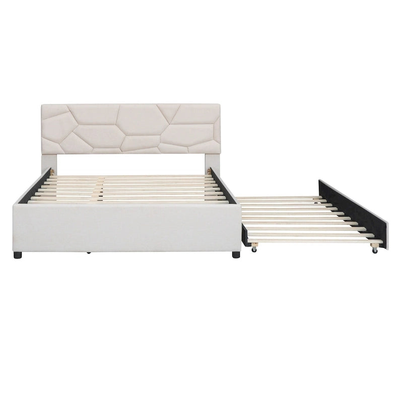 Linen Upholstered Platform Bed Frame with Trundle and Brick Pattern Headboard