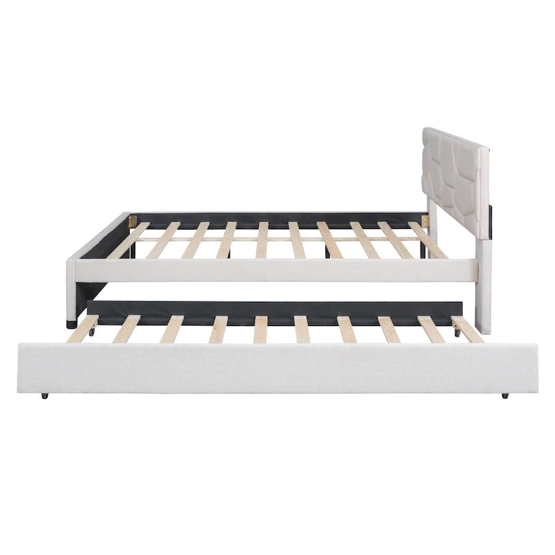 Linen Upholstered Platform Bed Frame with Trundle and Brick Pattern Headboard