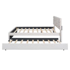 Linen Upholstered Platform Bed Frame with Trundle and Brick Pattern Headboard