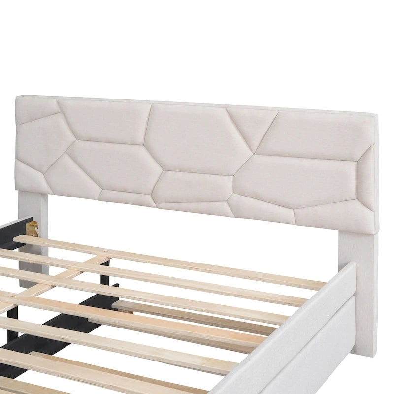 Linen Upholstered Platform Bed Frame with Trundle and Brick Pattern Headboard