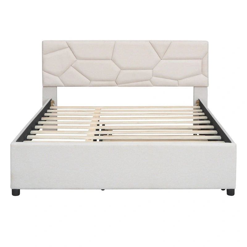 Linen Upholstered Platform Bed Frame with Trundle and Brick Pattern Headboard