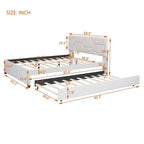 Linen Upholstered Platform Bed Frame with Trundle and Brick Pattern Headboard