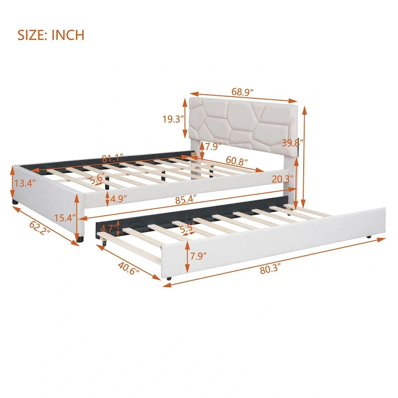 Linen Upholstered Platform Bed Frame with Trundle and Brick Pattern Headboard