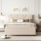 Linen Upholstered Platform Bed Frame with Trundle and Brick Pattern Headboard
