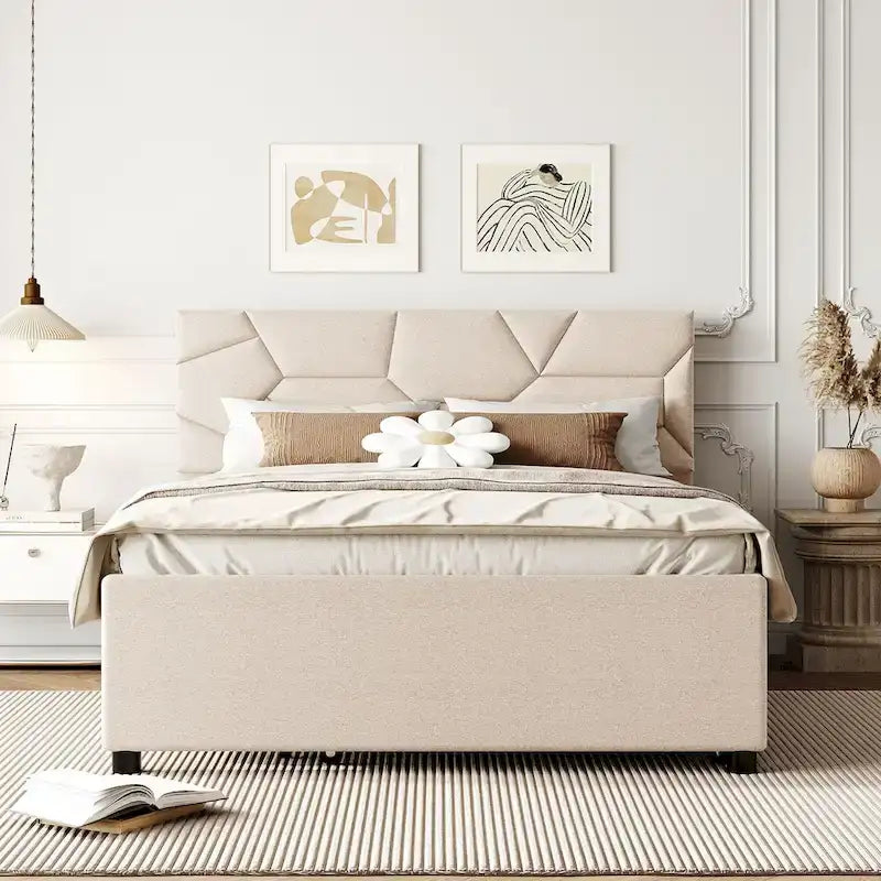 Linen Upholstered Platform Bed Frame with Trundle and Brick Pattern Headboard