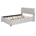 Linen Upholstered Platform Bed Frame with Trundle and Brick Pattern Headboard