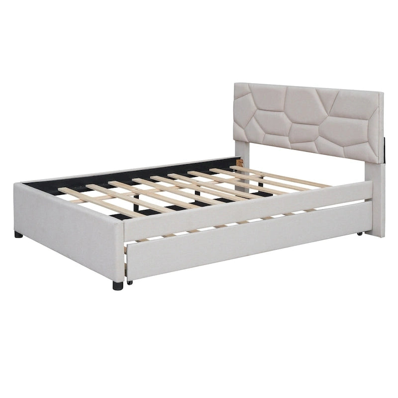 Linen Upholstered Platform Bed Frame with Trundle and Brick Pattern Headboard
