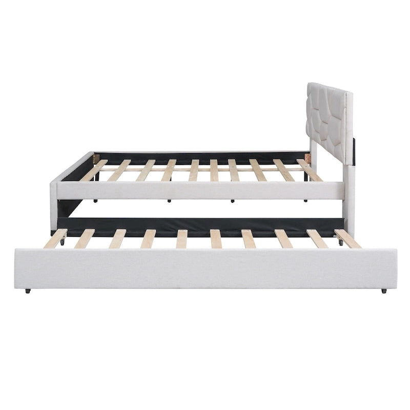 Linen Upholstered Platform Bed Frame with Trundle and Brick Pattern Headboard