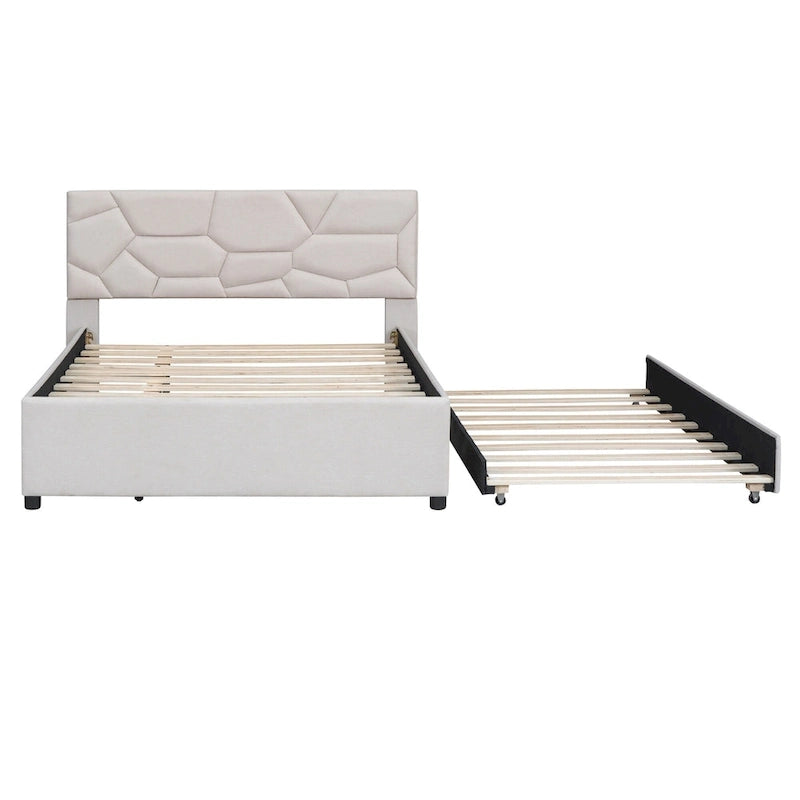 Linen Upholstered Platform Bed Frame with Trundle and Brick Pattern Headboard