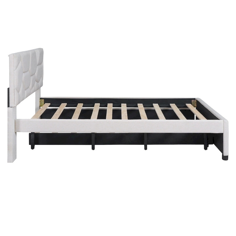 Linen Upholstered Platform Bed Frame with Trundle and Brick Pattern Headboard