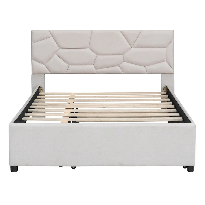 Linen Upholstered Platform Bed Frame with Trundle and Brick Pattern Headboard