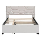 Linen Upholstered Platform Bed Frame with Trundle and Brick Pattern Headboard
