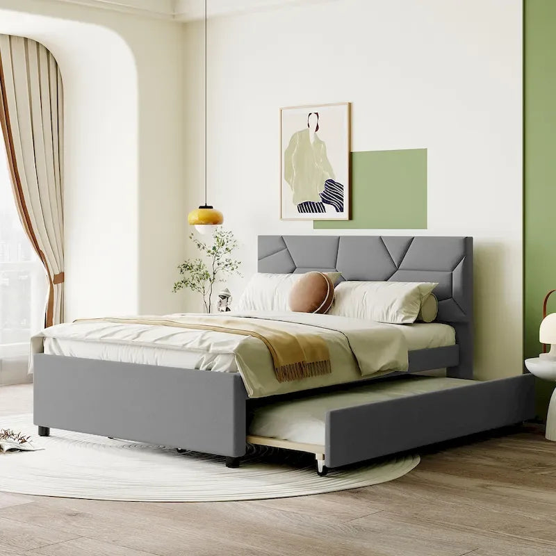 Linen Upholstered Platform Bed Frame with Trundle and Brick Pattern Headboard