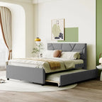 Linen Upholstered Platform Bed Frame with Trundle and Brick Pattern Headboard