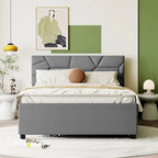 Linen Upholstered Platform Bed Frame with Trundle and Brick Pattern Headboard