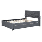 Linen Upholstered Platform Bed Frame with Trundle and Brick Pattern Headboard