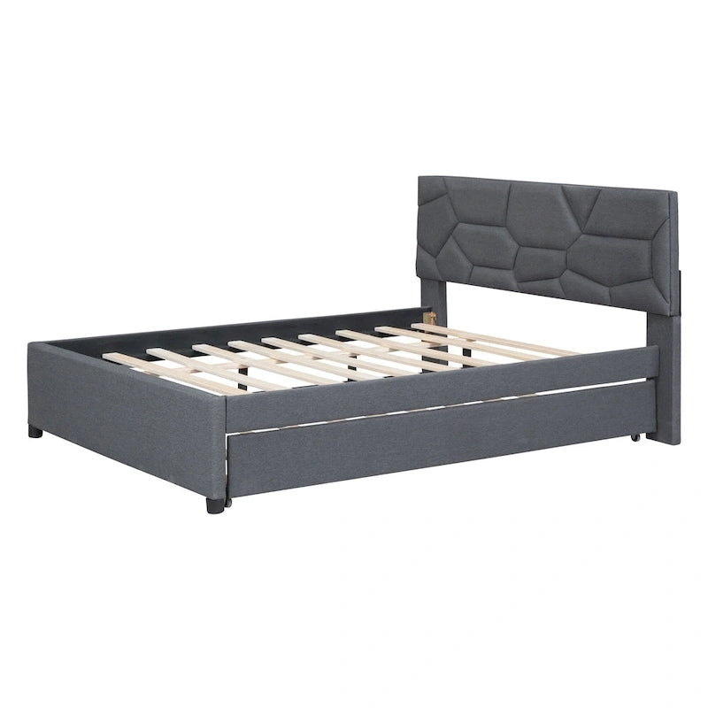 Linen Upholstered Platform Bed Frame with Trundle and Brick Pattern Headboard