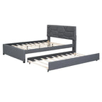 Linen Upholstered Platform Bed Frame with Trundle and Brick Pattern Headboard