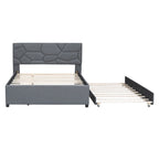 Linen Upholstered Platform Bed Frame with Trundle and Brick Pattern Headboard