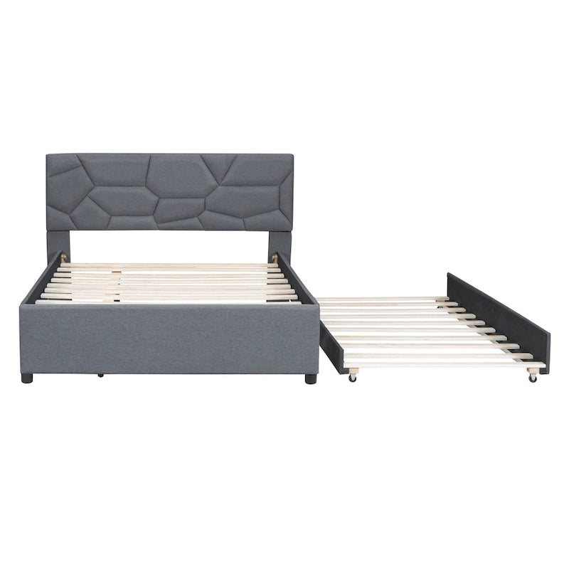 Linen Upholstered Platform Bed Frame with Trundle and Brick Pattern Headboard