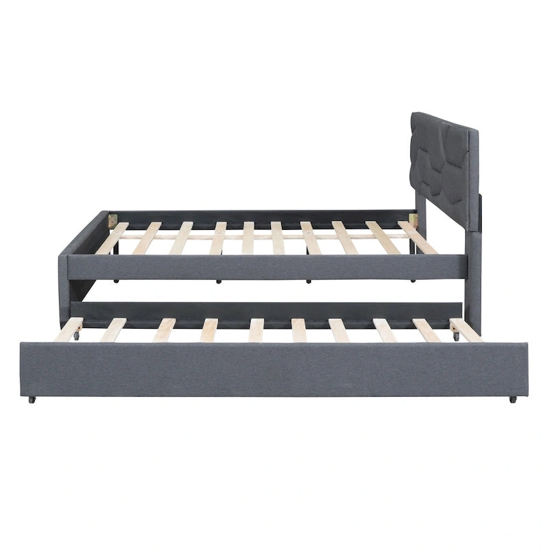 Linen Upholstered Platform Bed Frame with Trundle and Brick Pattern Headboard