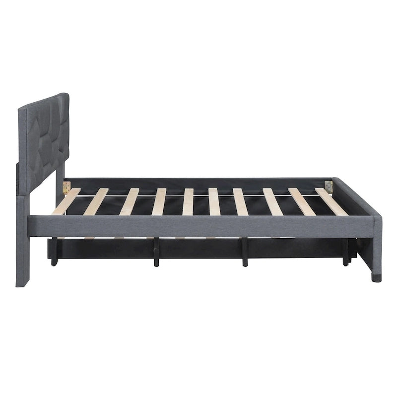 Linen Upholstered Platform Bed Frame with Trundle and Brick Pattern Headboard