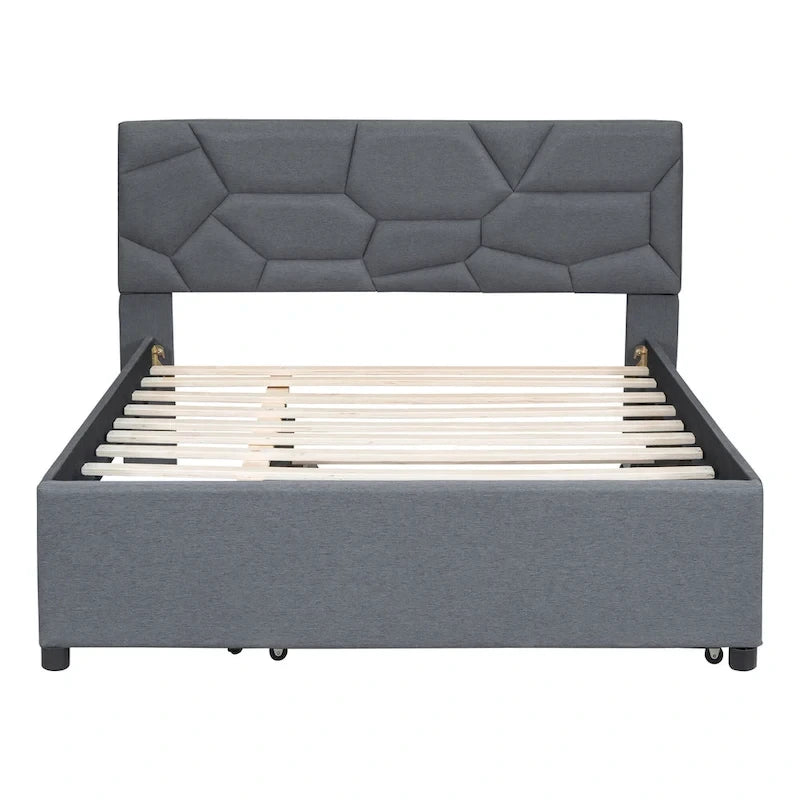 Linen Upholstered Platform Bed Frame with Trundle and Brick Pattern Headboard